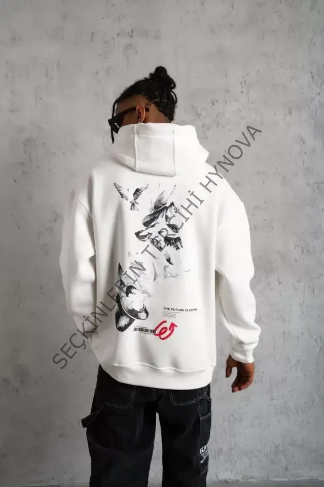 Erkek Şapkalı Güvercin Baskılı Kapşonlu Sweat - Beyaz