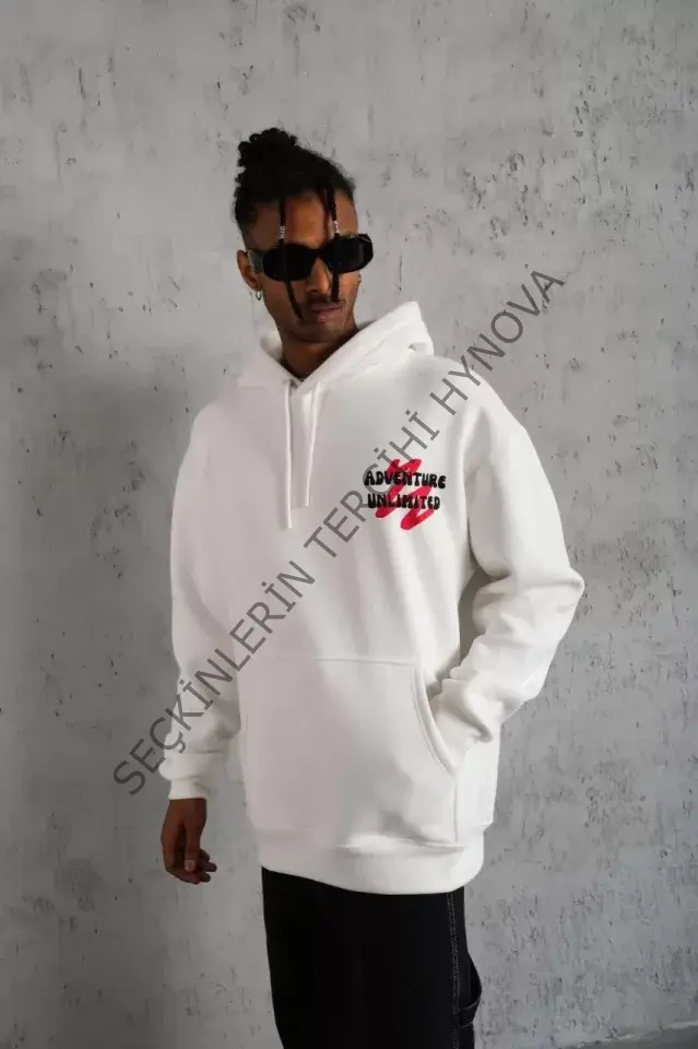 Erkek Şapkalı Güvercin Baskılı Kapşonlu Sweat - Beyaz