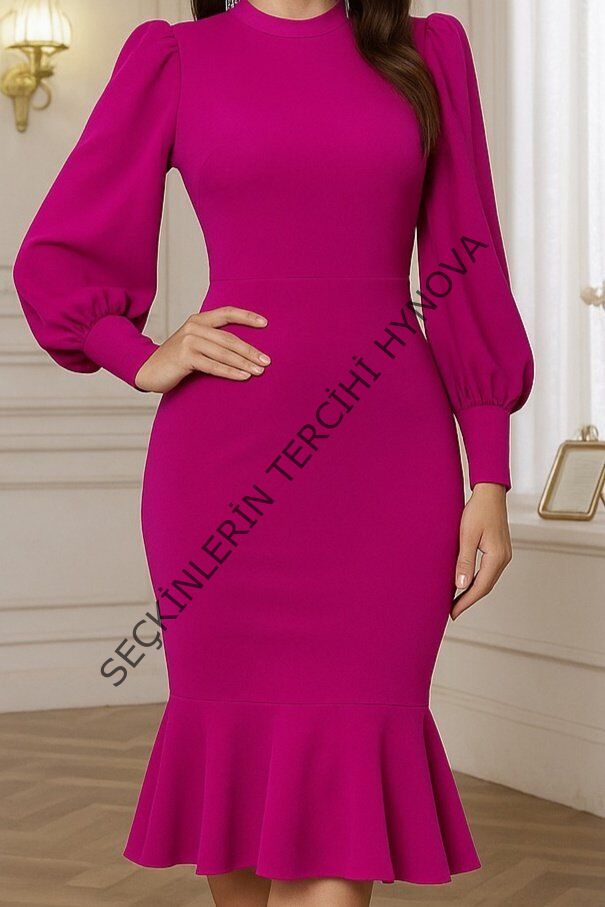 Kadın Uzun Kollu Yarı Balıkçı Yaka Etek Ucu Fırfır Detaylı Midi Ithal Krep Elbise