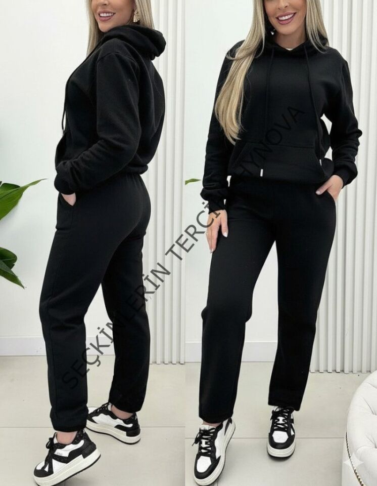 Kadın Uzun Kollu Kapşonlu Bağcıklı üç Iplik Bluz Ve Pantolon Ikili Takım