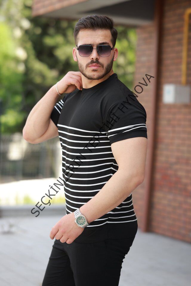 Erkek çizgi Desenli Bisiklet Yaka Kısa Kollu T-sihrt