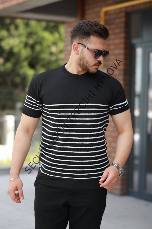 Erkek çizgi Desenli Bisiklet Yaka Kısa Kollu T-sihrt