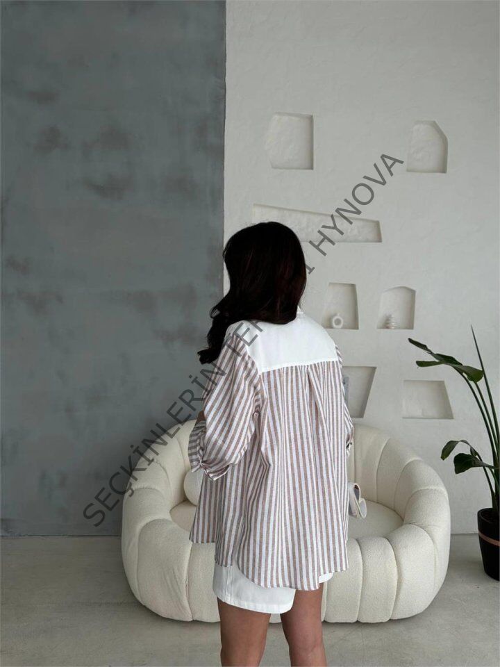 GABARDİN ŞORT - GABARDİN - ÇİZGİLİ KETEN GARNİLİ CEKET TAKIM - Kahverengi