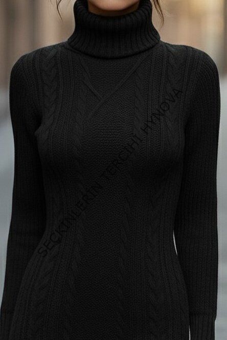 Kadın Uzun Kollu Balıkçı Yaka Kısa Triko Elbise