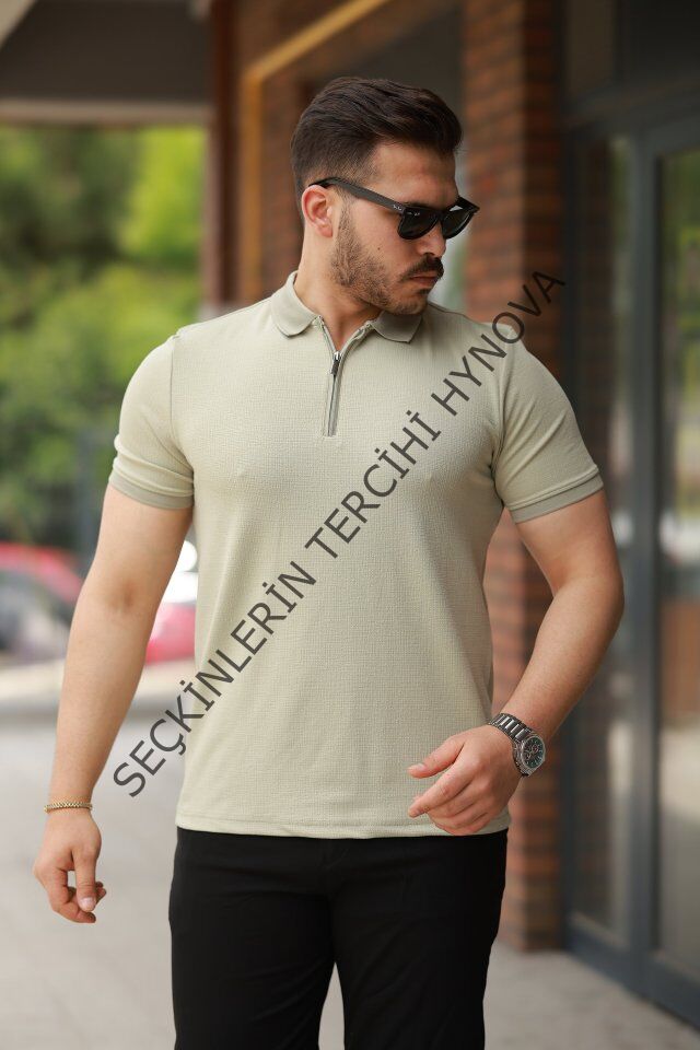 Erkek Fermuarlı Yaka Kısa Kollu Tişört