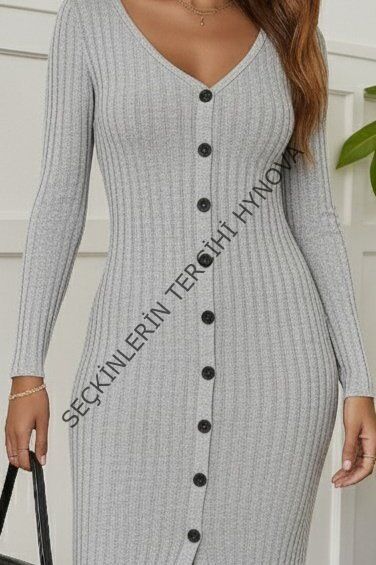 Kadın Uzun Kollu V Yakalı önden Düğmeli şardonlu Kaşkorse Elbise