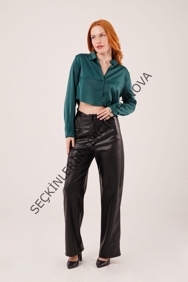 Saten Crop Model Yeşil Gömlek