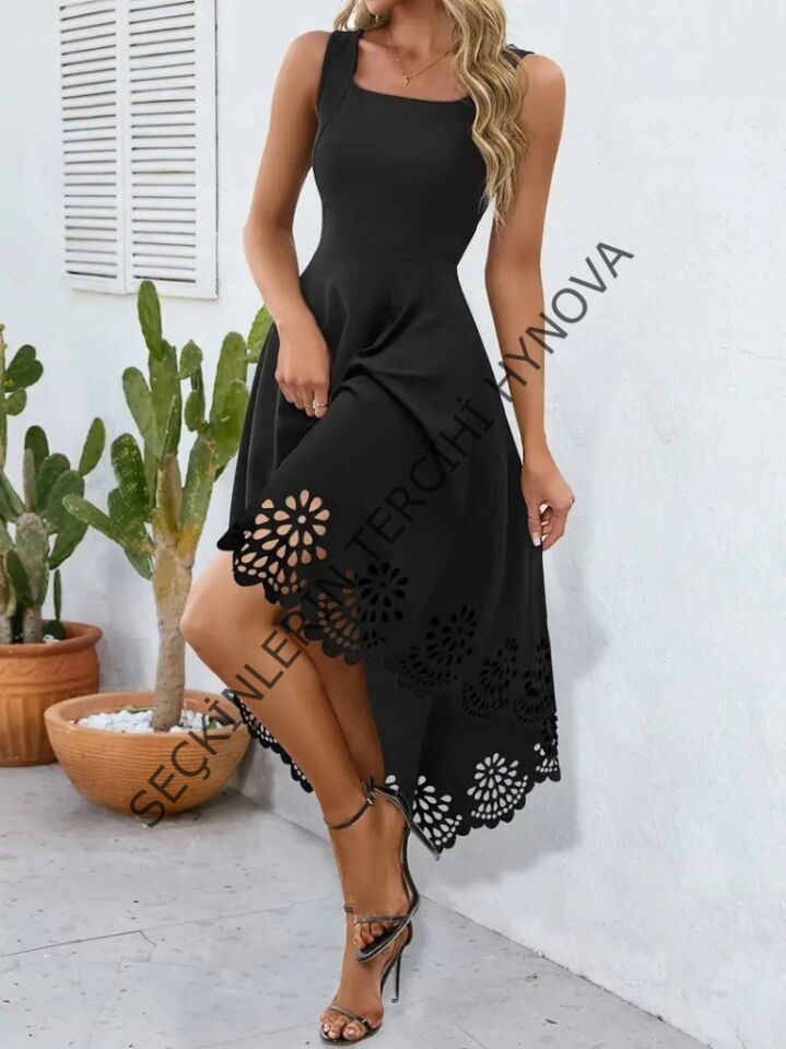 Kadın Askılı Geometrik Yaka çiçek Lazer Kesim Ithal Krep Elbise