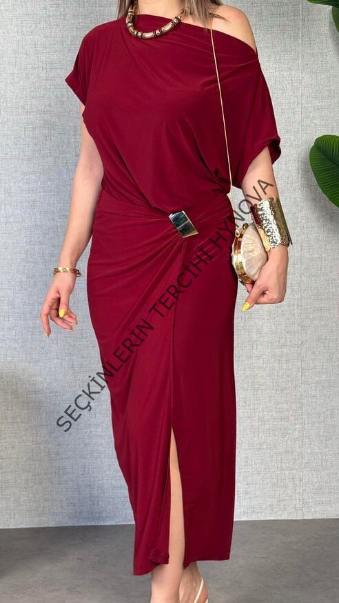 Kadın Kısa Kollu Tek Omuzdan Açık Beli Lastikli Sandy Maxi Elbise