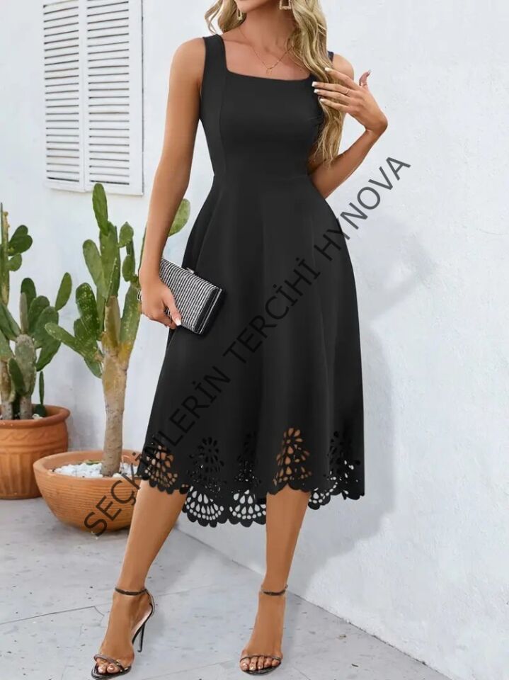 Kadın Askılı Geometrik Yaka çiçek Lazer Kesim Ithal Krep Elbise