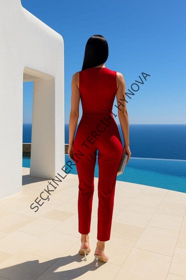 Kadın Kruvaze Yaka Dantel Güpür Ve Kuşak Detay Tulum