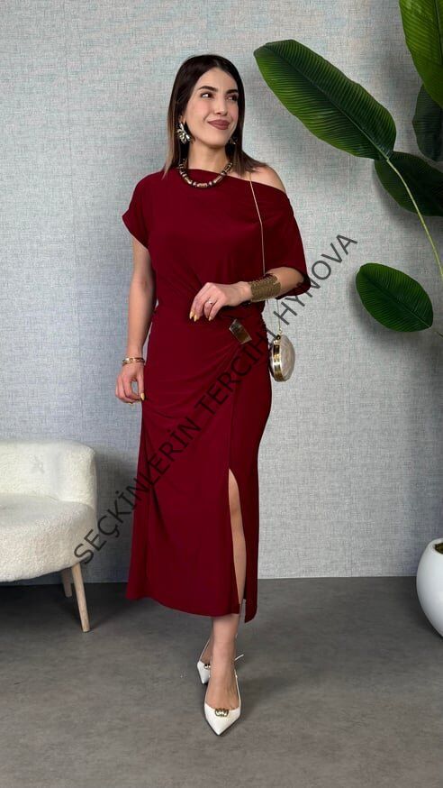 Kadın Kısa Kollu Tek Omuzdan Açık Beli Lastikli Sandy Maxi Elbise