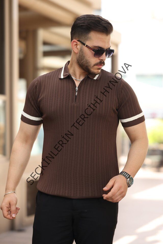 Erkek Yaka Ve Kolları çizgi Detaylı Fermuarlı Kısa Kollu T-shirt