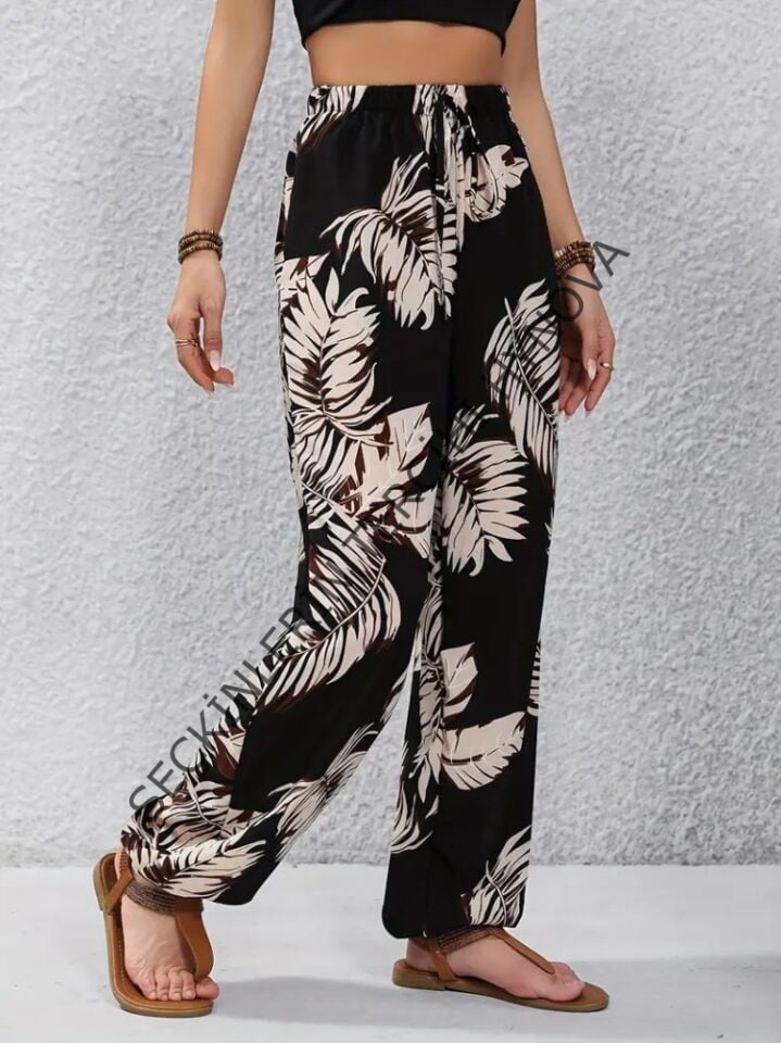 Kadın Yüksek Bel Bağcıklı Yaprak Desenli Süprem Pantolon
