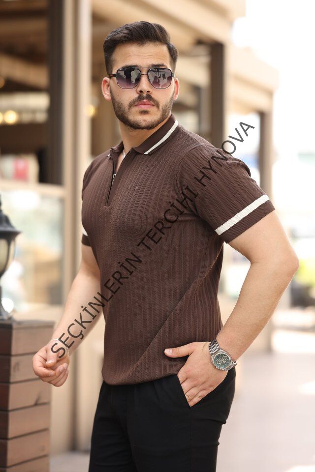 Erkek Yaka Ve Kolları çizgi Detaylı Fermuarlı Kısa Kollu T-shirt