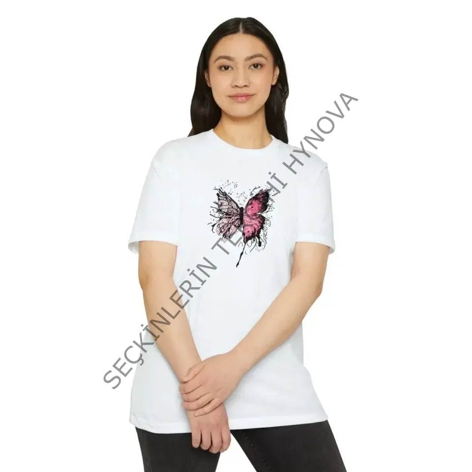 Unisex Bisiklet Yaka Baskılı T-Shirt - Beyaz