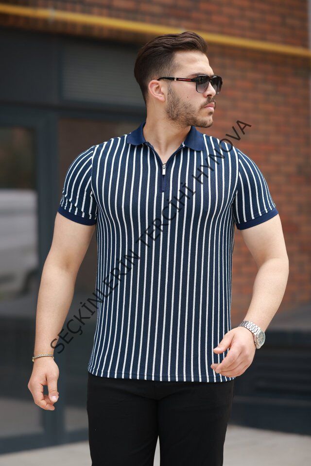 Erkek çizgili Fermuar Yakalı Kısa Kollu Tişört