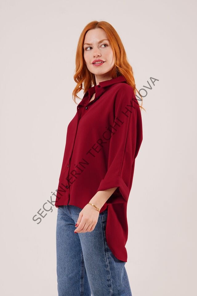 Yarasa Kol Rahat Kalıp Bordo Gömlek