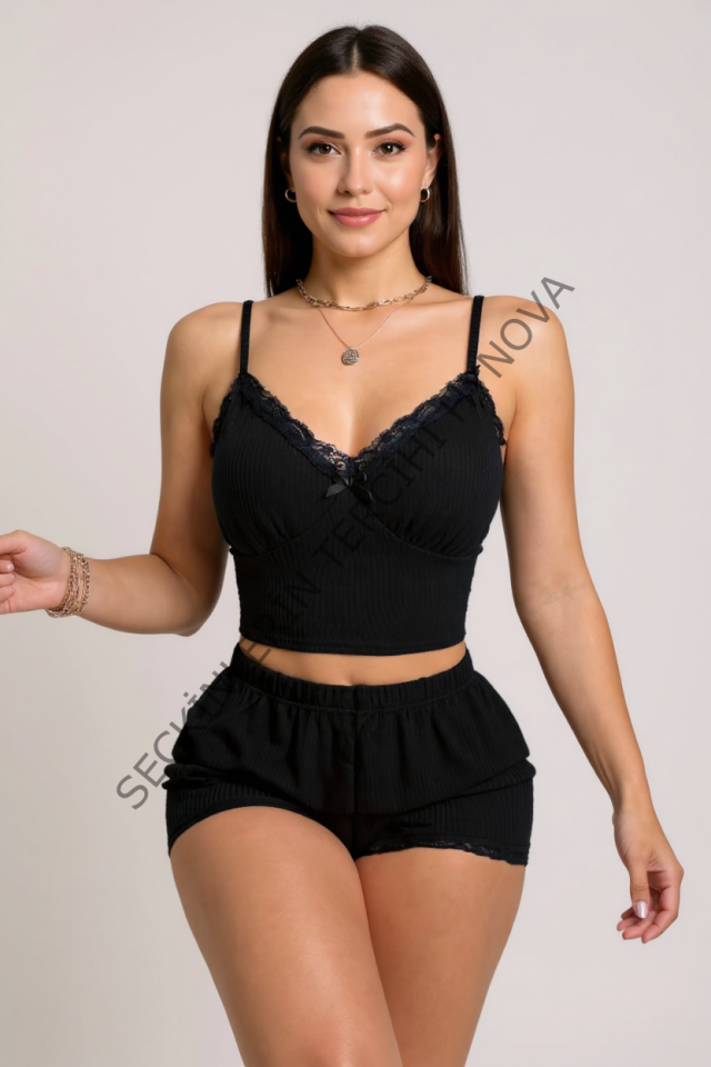Kadın Siyah Alt ve Üst Dantel Detaylı Fiyonklu Şortlu Gecelik Takımı – Modern, Konforlu ve Günlük Kombinlere Uygun