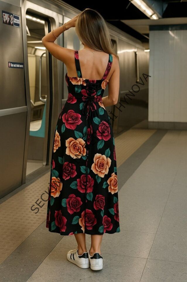 Kadın Askılı Geniş V Yakalı Sırttan Bağlamalı Yırtmaçlı Süprem Elbise