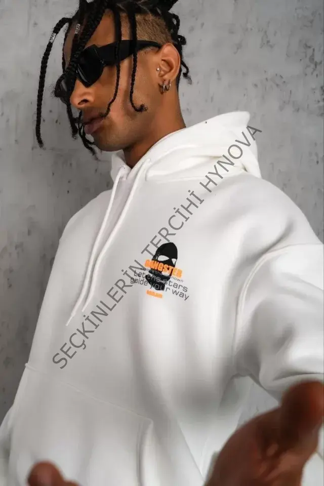 Erkek Kordonlu Maske Baskılı Kapüşonlu Sweat - Beyaz
