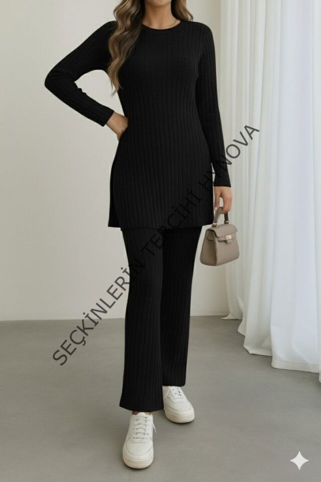 Kadın Uzun Kollu Yuvarlak Yaka Yandan Yırtmaç Detaylı şardonlu Kaşkorse Bluz Ve Pantolon Ikili Takım