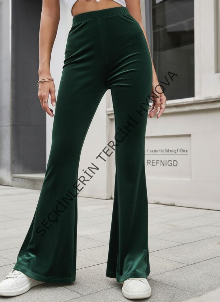 Kadın Yüksek Bel Paçaya Doğru Genişleyen Kadife Pantolon