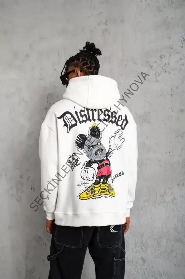 Erkek Üç İplik Baskılı Kapüşonlu  Sweat - Beyaz