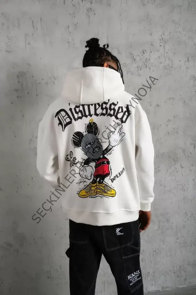 Erkek Üç İplik Baskılı Kapüşonlu  Sweat - Beyaz