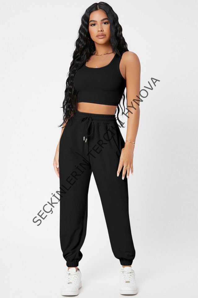 Kadın Siyah Kaşkorse Cepli Jogger Eşofman Altı ve Crop Top Bluz