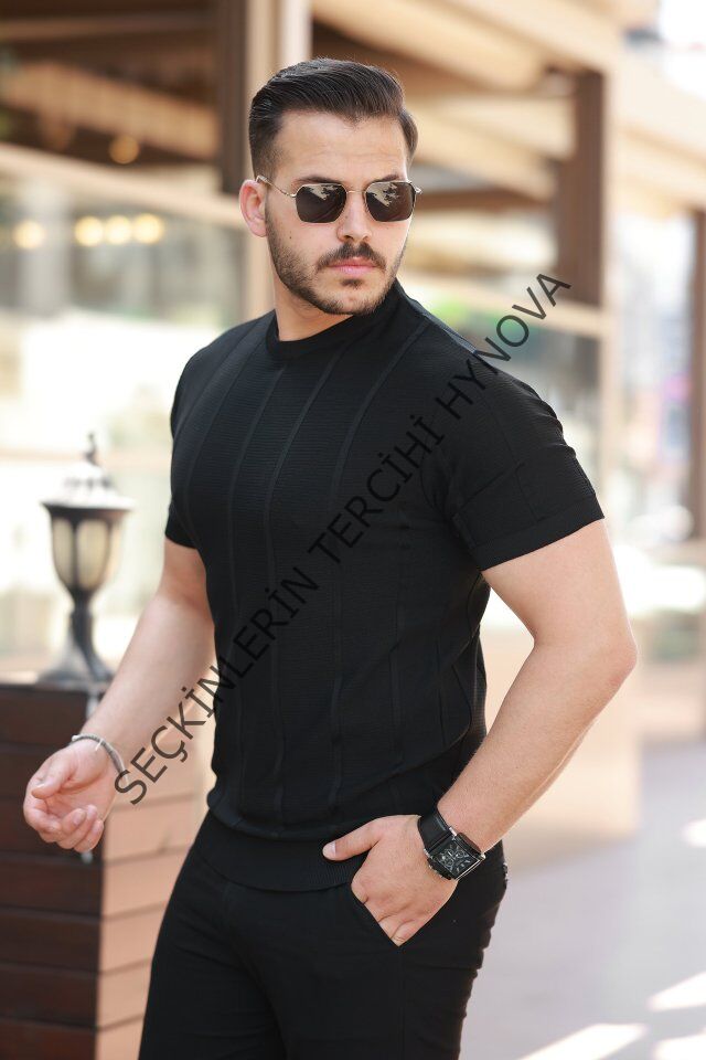 Erkek Desenli çizgi Kabartmalı Kısa Kollu Tişört