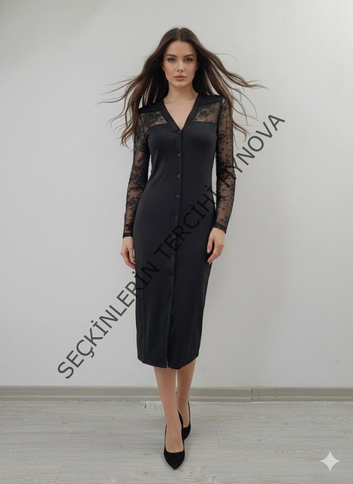 Kadın Uzun Kollu Transparan Detay Midi Boy Elbise