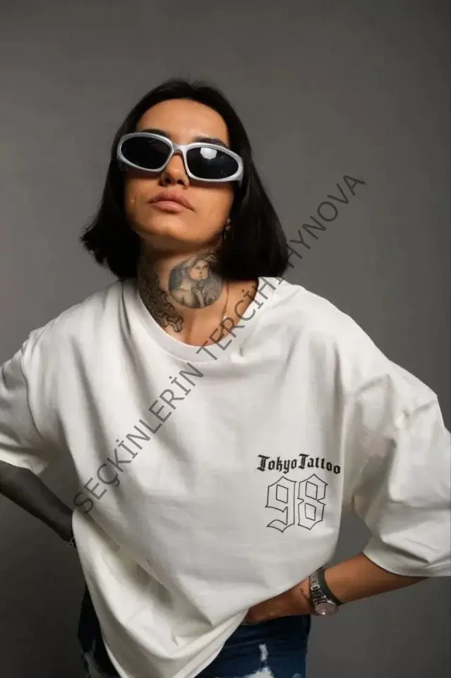 Unisex Bisiklet Yaka Baskılı Oversize T-Shirt - Beyaz