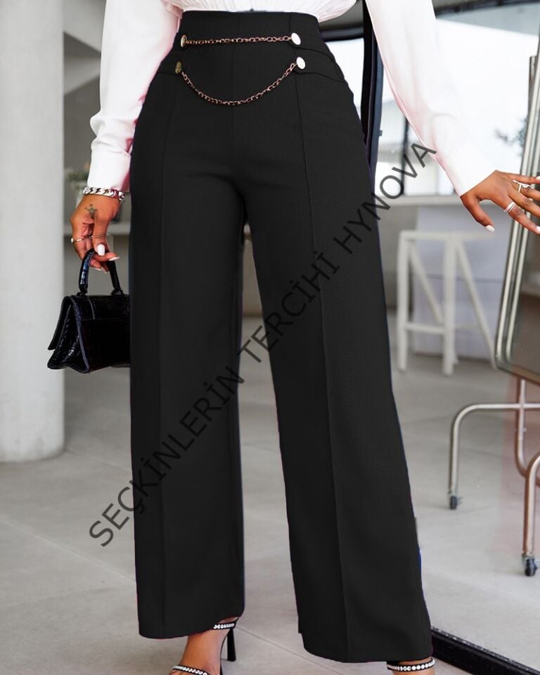 Kadın Beli Zincir Detaygeniş Paça Ithal Krep Pantolon