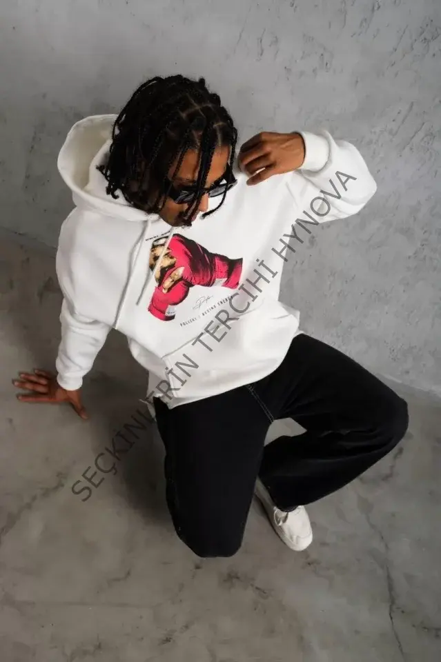 Erkek Eldiven Baskılı Kapüşonlu Sweat - Beyaz