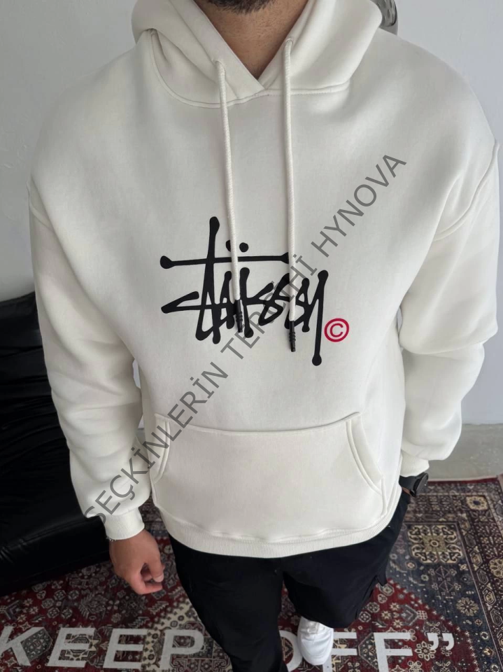 Üç İplik Kapşonlu Baskılı SweatShirt - Beyaz