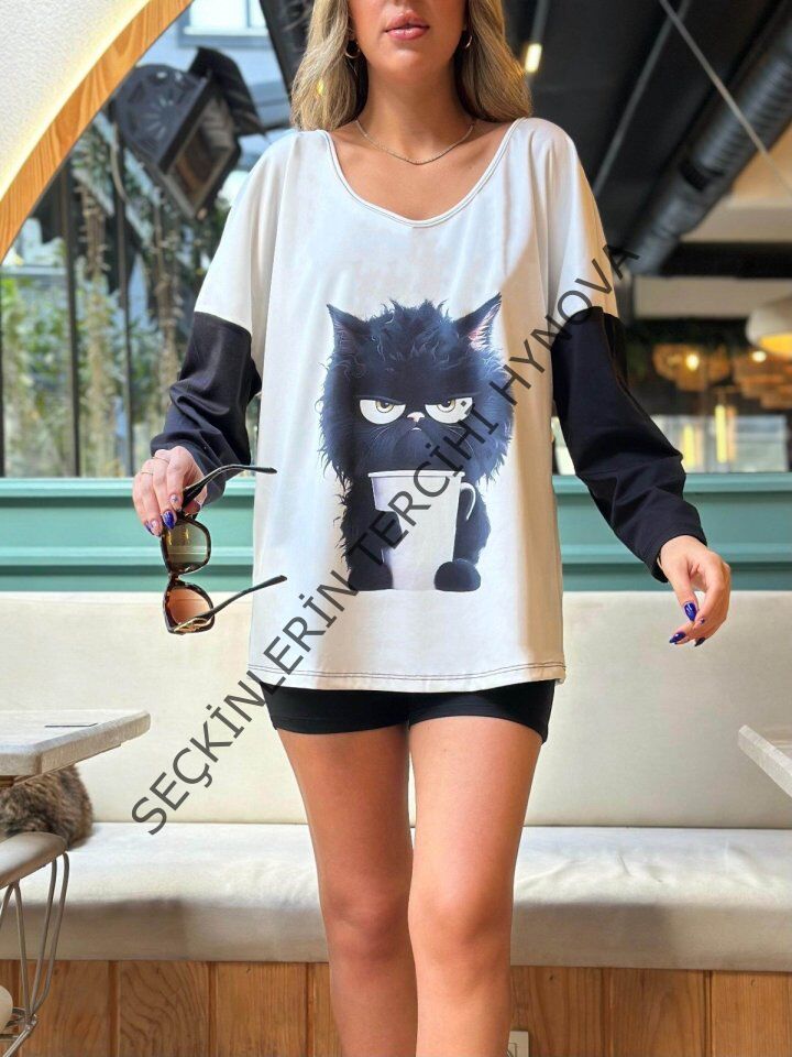 Kadın Uzun Kollu V Yakalı Kedi Baskılı şardonlu Dalgıç Bluz