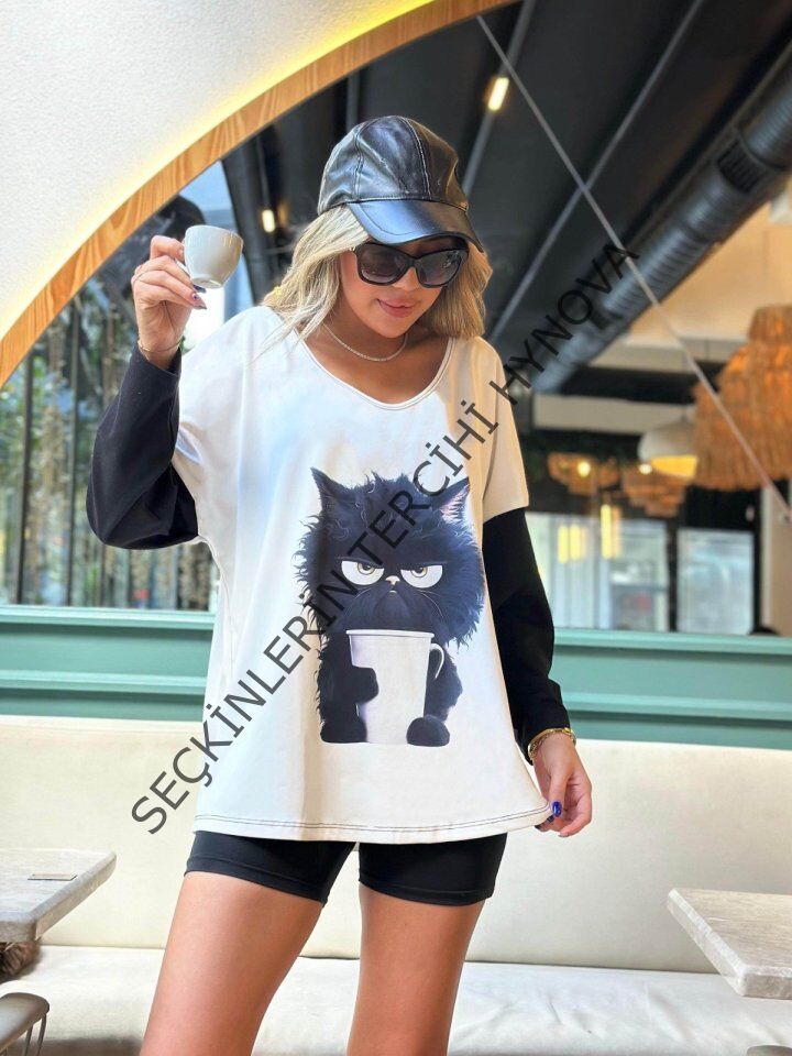 Kadın Uzun Kollu V Yakalı Kedi Baskılı şardonlu Dalgıç Bluz