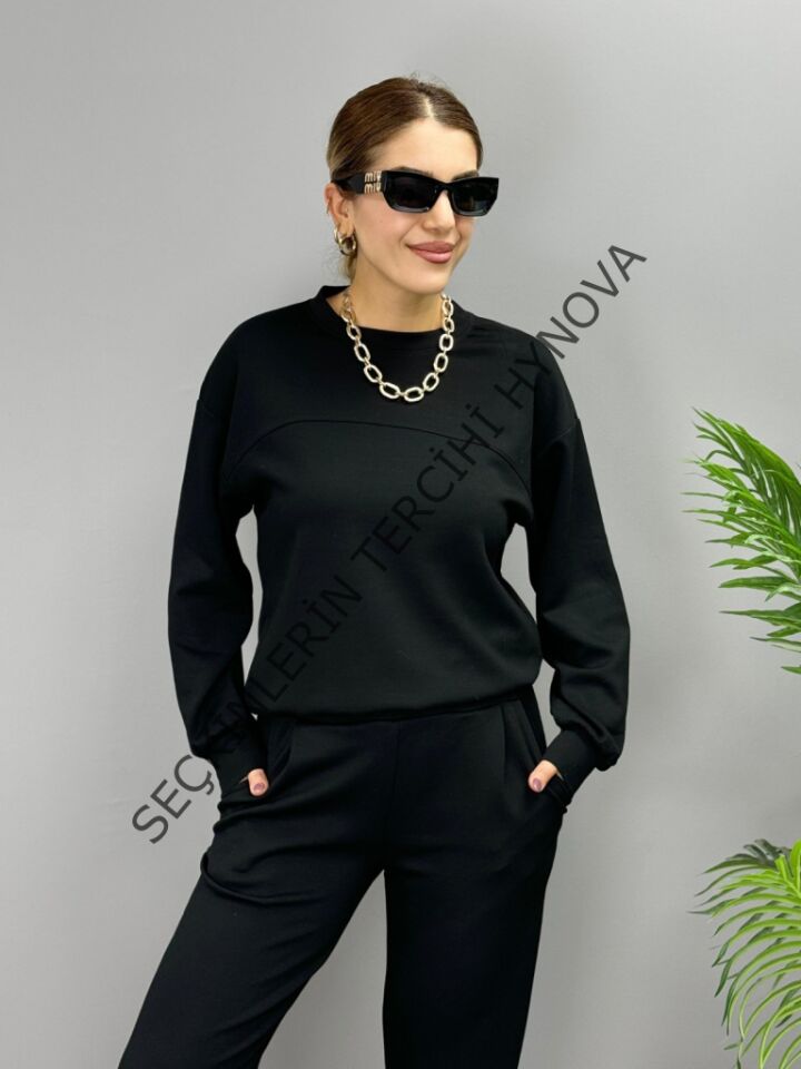 Kadın Uzun Kollu Bisiklet Yaka Viskon Iki Iplik Bluz Ve Pantolon Ikili Takım