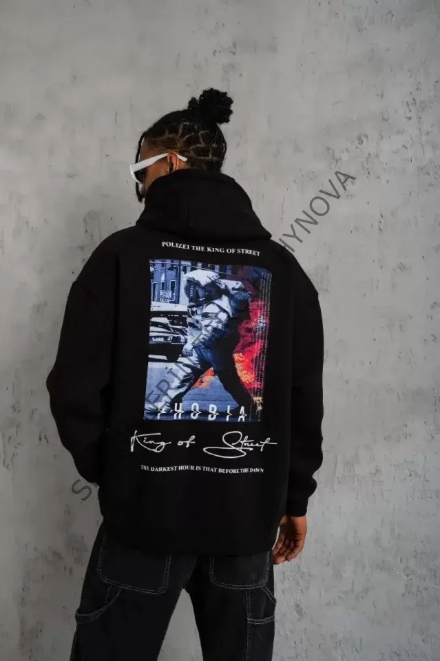 Erkek Astronot Baskılı Kapüşonlu Sweat - Siyah