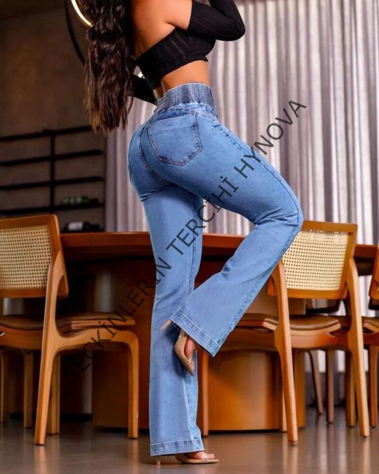 Kadın Yüksek Bel Yanları Lastik önü Düğmeli Kot Pantolon