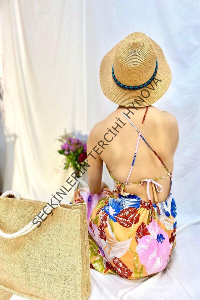 Mavi Sırt Dekolteli Keten Elbise