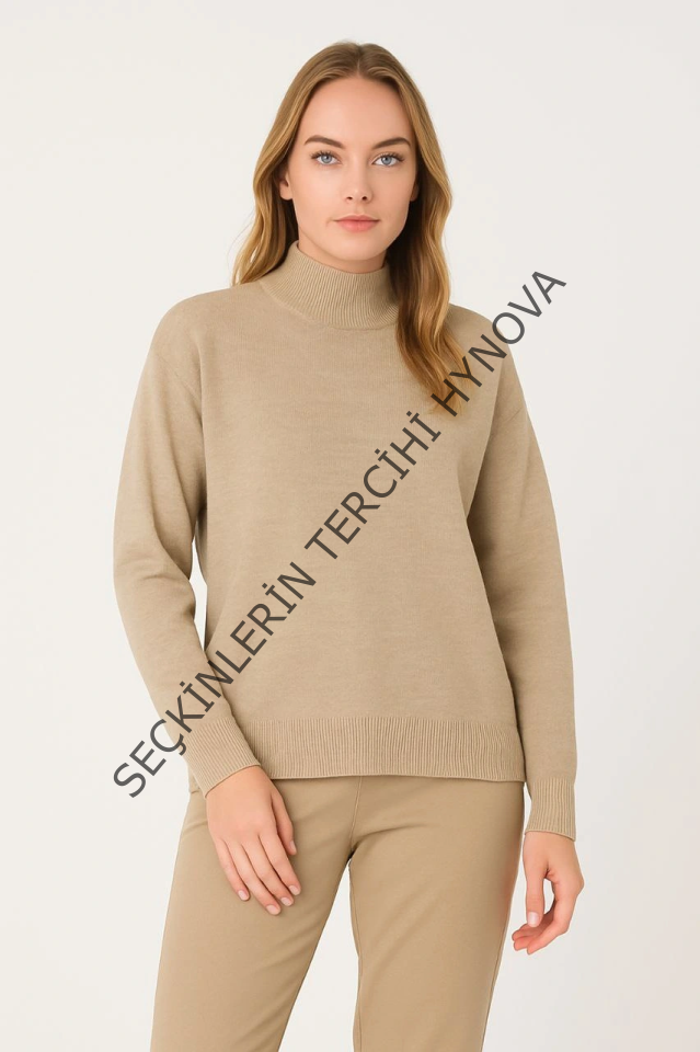 Yarım Boğaz Triko Kazak Yumuşak Dokulu Pamuklu Ince Dokuma, Uzun Kollu Rahat Regular Kalıp - Bej