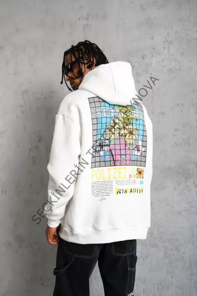 Erkek Patel Six Baskılı Kapüşonlu Sweat - Beyaz