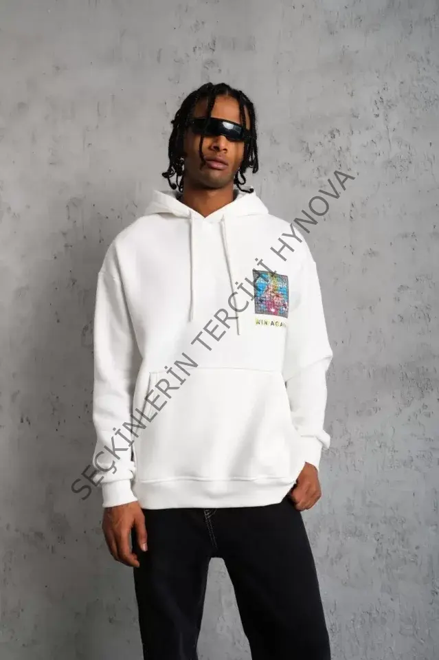 Erkek Patel Six Baskılı Kapüşonlu Sweat - Beyaz