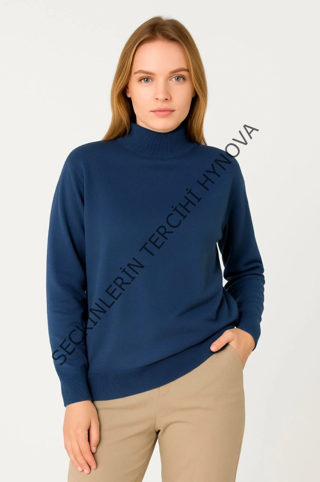 Yarım Boğaz Triko Kazak Yumuşak Dokulu Pamuklu Ince Dokuma, Uzun Kollu Rahat Regular Kalıp - İndigo