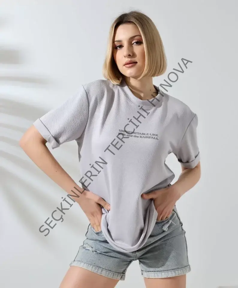 Unisex Bisiklet Yaka Baskılı Slim Fit T-Shirt - Boyalı Gri