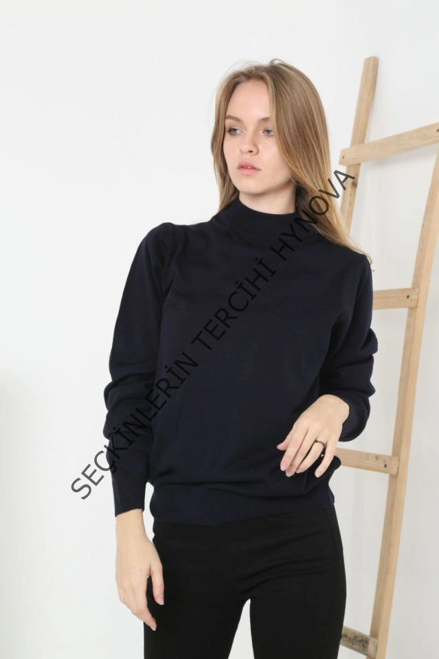 Yarım Boğaz Triko Kazak Yumuşak Dokulu Pamuklu Ince Dokuma, Uzun Kollu Rahat Regular Kalıp - Siyah