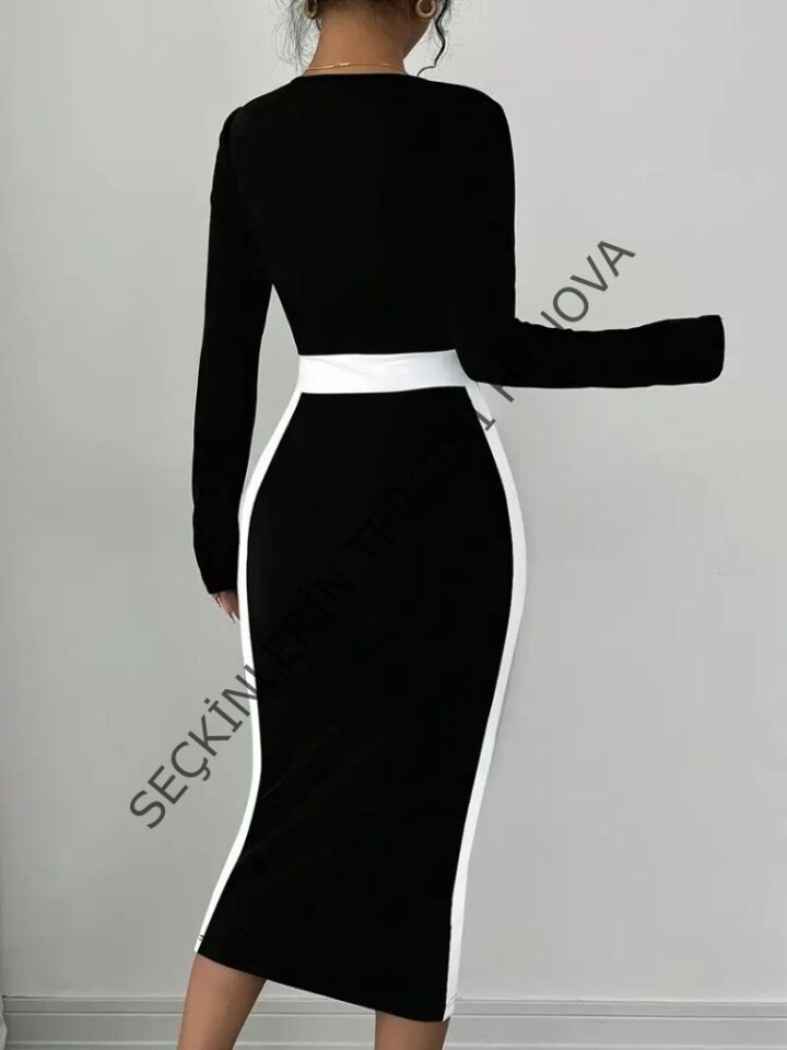 Kadın Uzun Kollu Geometrik Yaka Midi Ithal Krep Elbise