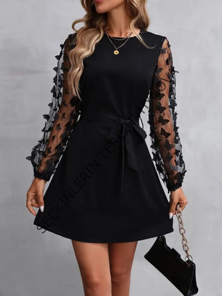 Kadın Uzun Kollu Bisiklet Yaka Kollar Tül Kelebek Detaylı Ithal Krep Elbise